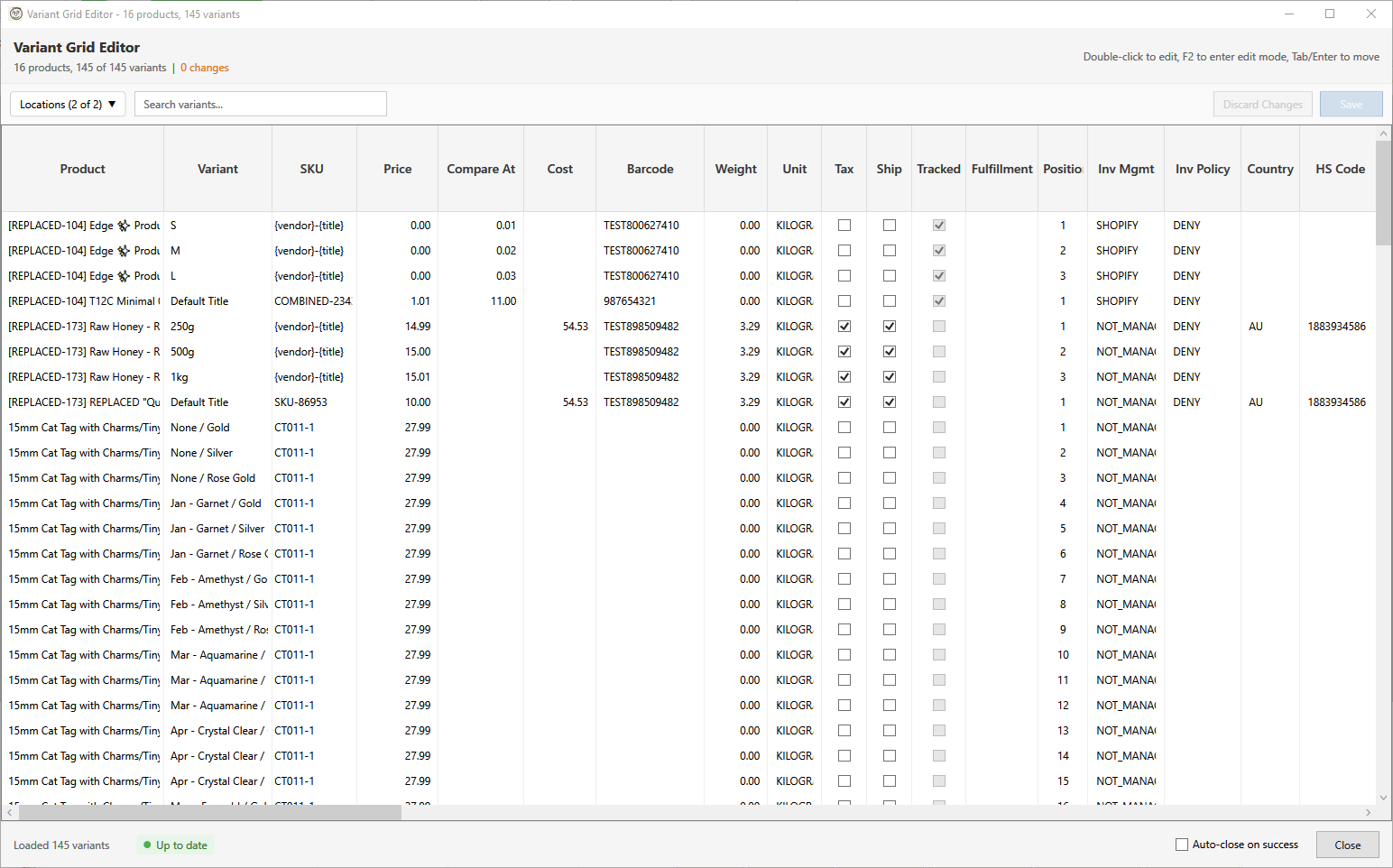 Variant grid editor with spreadsheet-style editing of prices, inventory, and options